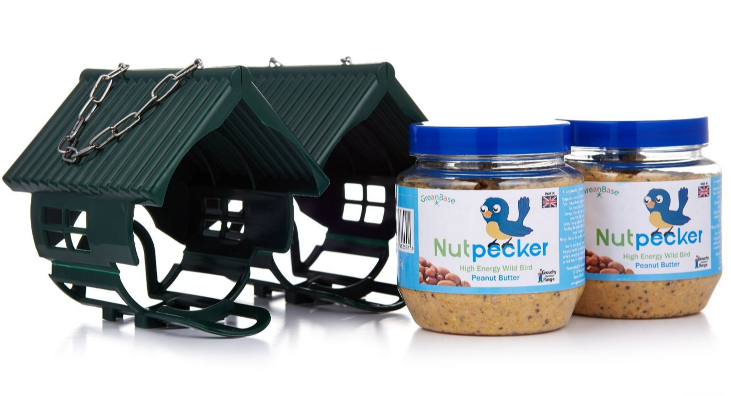 2 x Nut Pecker Bird Feeders and 330g Jars of Peanut Butter High Energy Wild Bird Food
